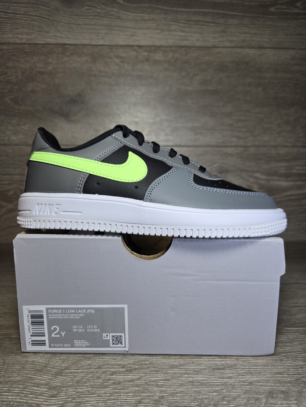 Nike Force 1 (PS) Black / Lime Blast - Smoke Grey Size 2 Youth IF1673 003 New